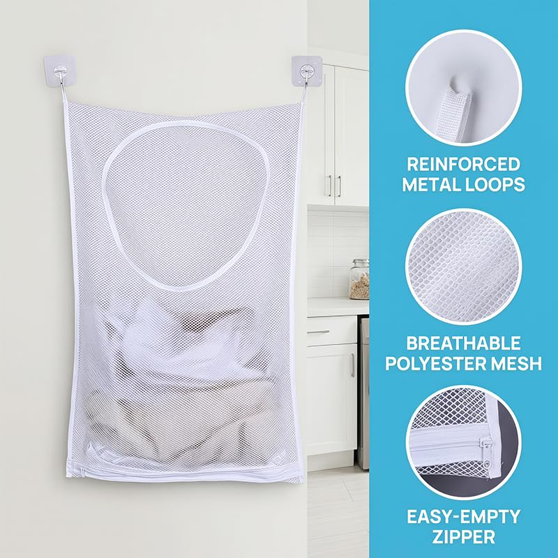 Hanging Laundry Hamper, Over the Door Laundry Hamper with Adhesive Hooks and Zipper for Bathroom and Bedroom, Whtie