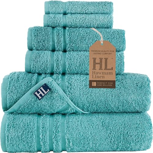 Hawmam Linen Teal Turquoise 6 Piece Bath Towels Set for Bathroom Original Turkish Cotton Soft, Absorbent and Premium 2 Bath Towels, 2 Hand Towels, 2 Washcloths - color: Green Water, size: 6 Piece Towel Set (2 Bath, 2 Hand, 2 Wash)