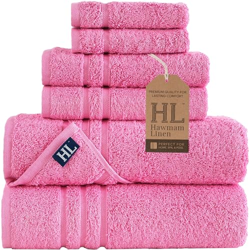 Hawmam Linen Pink 6 Piece Bath Towels Set for Bathroom Original Turkish Cotton Soft, Absorbent and Premium 2 Bath Towels, 2 Hand Towels, 2 Washcloths - color: Pink, size: 6 Piece Towel Set (2 Bath, 2 Hand, 2 Wash)
