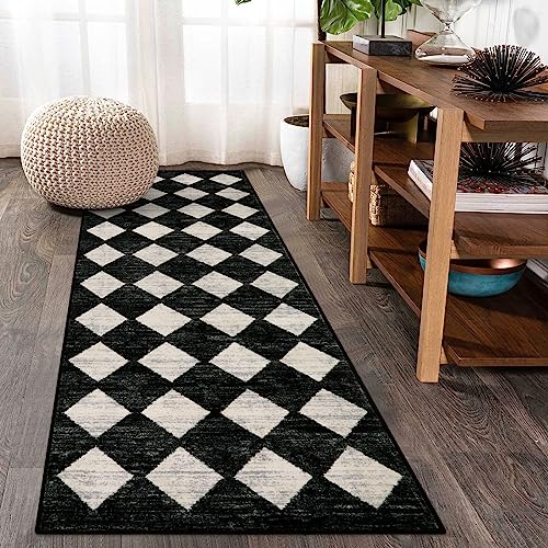 Checkered Kitchen Runner Rug 2x6 Black, Non Slip Washable Hallway Bathroom - color: Black, size: 2' x 6' (Runner)