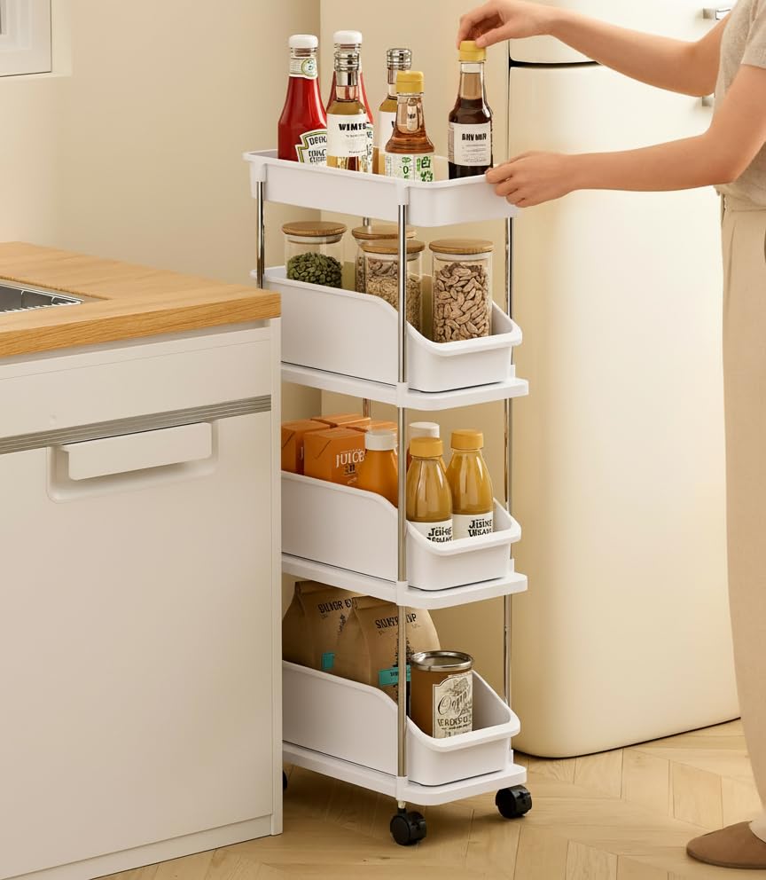 Slim Storage Cart 4 Tier Slim Rolling Utility Cart with Pull-Out Baskets & Wheels for Narrow Space in Kitchen Dining Room Bathroom Laundry Room Cream White (Width 6.3 Inches) - size: 4 Tier