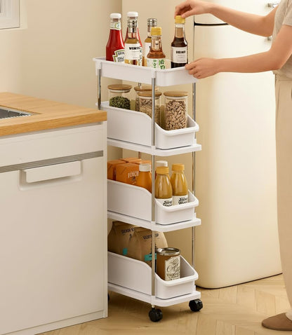 Slim Storage Cart 4 Tier Slim Rolling Utility Cart with Pull-Out Baskets & Wheels for Narrow Space in Kitchen Dining Room Bathroom Laundry Room Cream White (Width 6.3 Inches) - size: 4 Tier