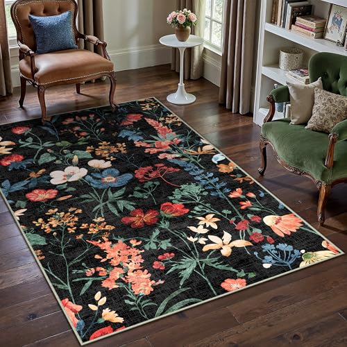 Black Area Rug 4x6 Office Floral Indoor Door Mat Washable Boho Kitchen Living Room Carpet Non Slip Bedroom Low Pile Lightweight Throw Rug for Dining Room Farmhouse - color: Classic Black, size: 4' x 6' (Rectangular)