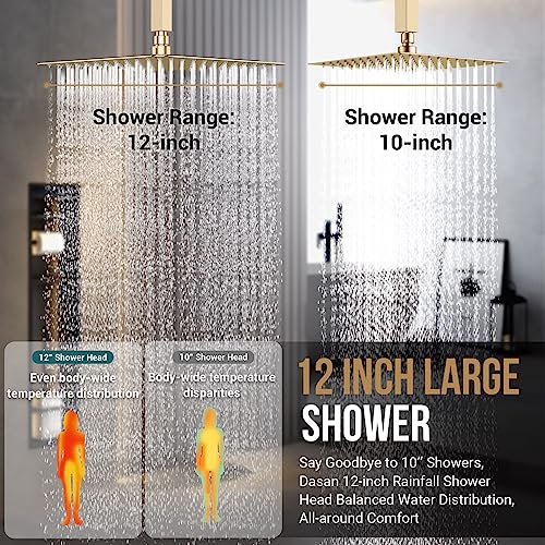 Brushed Gold Shower System with 4 PCS Shower Body Spray Jets & 12’’ Ceiling Shower Head & Handheld Spray, DASAN Full Body Shower Faucet System with Jets Rainfall Shower Combo Set, SA-SS03BBG-S12C - color: Brushed Gold