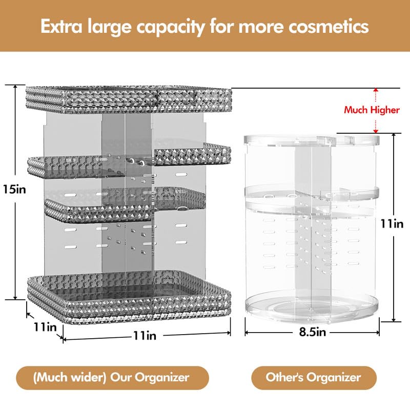 Makeup Organizer 360 Rotating Cosmetic Organizer, DIY Adjustable Makeup Carousel Spinning Holder Rack, Large Capacity Cosmetic Display Cases Vanity Countertop Fits Makeup Brushes Lipsticks (Grey) - color: Grey