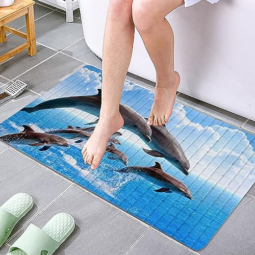Dolphins Bathtub Mat Non Slip for Kids Cute Dolphins Bath mat 15"x27",Jumping Dolphins Bathroom Bathtub Mats,Drain Holes Suction Cups, Washable Shower Mat Anti Slip,Jumping Dolphins - color: Jumping Dolphins