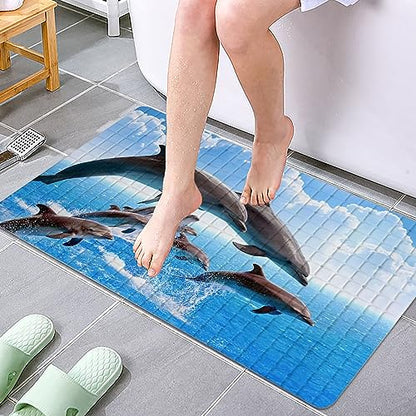 Dolphins Bathtub Mat Non Slip for Kids Cute Dolphins Bath mat 15"x27",Jumping Dolphins Bathroom Bathtub Mats,Drain Holes Suction Cups, Washable Shower Mat Anti Slip,Jumping Dolphins - color: Jumping Dolphins