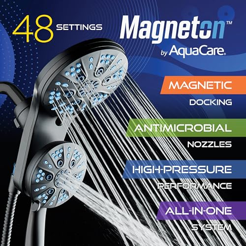 AquaCare Magneton 48-Mode High Pressure Rain & Handheld Shower Head Combo | Space-age Magnetic Guidance Docking, Dual 6-mode Heads with Hygienic Jets, Extra-long 6 ft. Stainless Steel Hose / Black - color: Matte Black