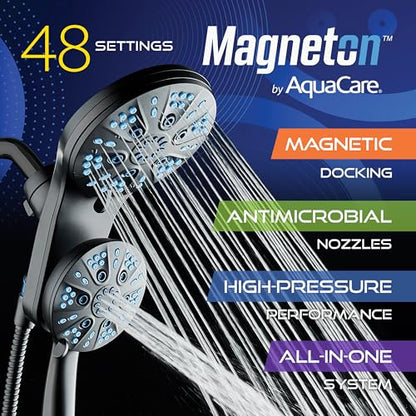 AquaCare Magneton 48-Mode High Pressure Rain & Handheld Shower Head Combo | Space-age Magnetic Guidance Docking, Dual 6-mode Heads with Hygienic Jets, Extra-long 6 ft. Stainless Steel Hose / Black - color: Matte Black