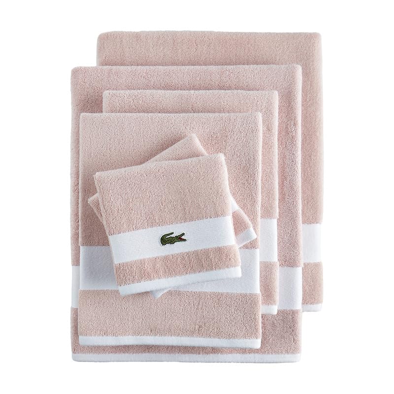 Lacoste Sport Stripe 6-Piece Luxury Cotton Towel Set – Made with 100% Soft Supima Cotton, Absorbent & Quick-Drying, Includes 2 Bath Towels, 2 Hand Towels, 2 Washcloths, Light Pink - color: Light Pink