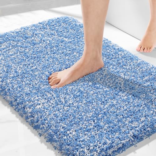 Yimobra Bath Rugs for Bathroom 32X20, Ultra Soft and Water Absorbent Bath Mats, Non Slip Plush Shower Mat Outside, Microfiber Thick Matts for Bathroom Floor/Tub, Machine Washable, Blue and White - color: Blue and White, size: 32" X 20"