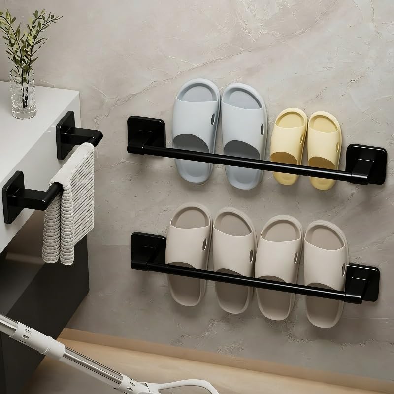 1pc Contemporary Black Metal Towel Bar Rack that Adheres Without Drilling, Featuring a Hand Towel Hook, Suitable for Storing Towels in The Bathroom and Kitchen
