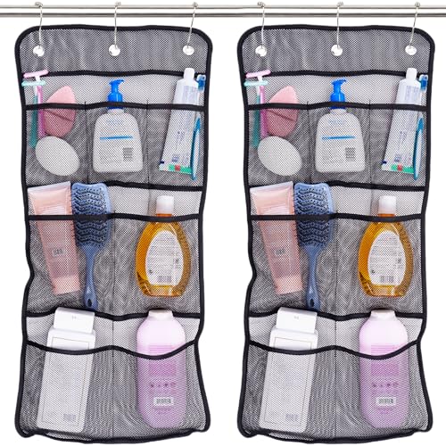 S&T INC. Shower Organizer and Caddy, 2 Pack, 14" x 30", Black | Quick-Dry Mesh, 7 Pockets, Shower Caddy and Bathroom Organizer, Hangs on Existing Shower Curtain Hooks, Cruise Essential - color: Black
