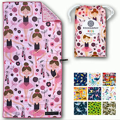 Microfiber Kids Toddler Beach Towel, Quick Dry, Sand Free, 60x30 | Pool towel, ultra-soft, girls and boys, travel pouch, camping travel vacation, toallas playas - color: Ballerina