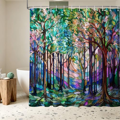 Colorful Stained Glass Shower Curtain Forest Tree, 70x72 Inch | Color Aesthetic Design, Vintage Bathroom Decor Sets, Waterproof Cloth Fabric, Includes Hooks - color: Colorful, size: 70"W x 72"L (Pack of 1)