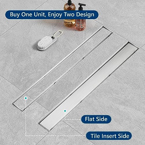 Neodrain 28In Offset Linear Shower Drain w/Tile Insert Grate Cover, Brushed | 304 Stainless Steel Rectangle Side Outlet Shower Floor Drain, Adjustable Leveling Foot, Hair Strainer/Catcher - color: Brushed-tile Insert Cover, size: 28 IN