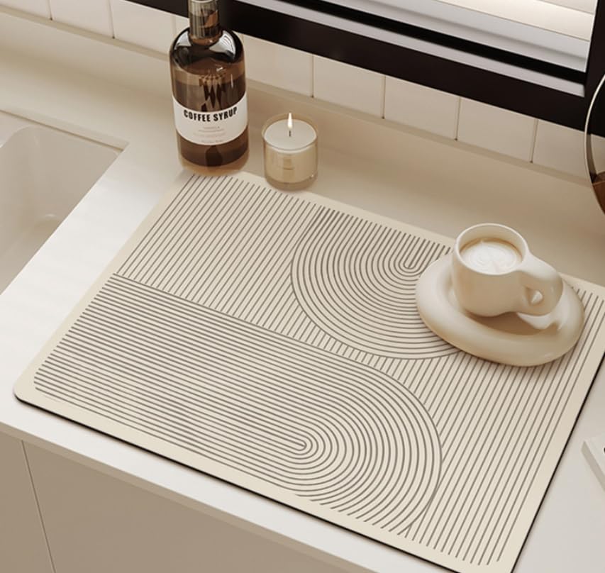 Super Absorbent & Non-Slip Geometric Rubber-Diatomite Drying Mat - Durable, Quick-Dry Kitchen and Bathroom Countertop Pad for Coffee Machines, Spices, and Essentials, Bathroom Countertop Mat