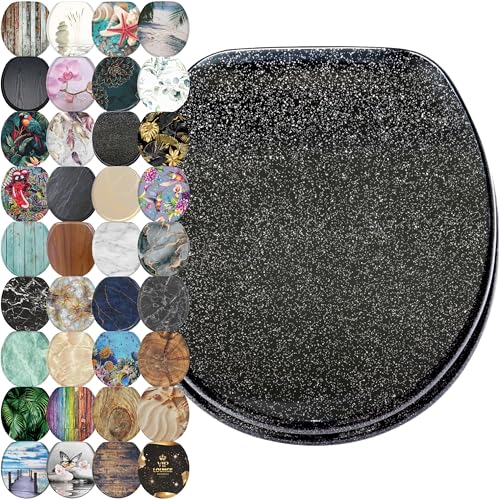 SANILO Wooden Toilet Seat with Soft Close [ROUND] - Decorative, Quiet & Slow Close Molded Wood Seat - With Strong Bumpers & Hinges - Adjustable Fit – Glittering Black - color: Glittering Black