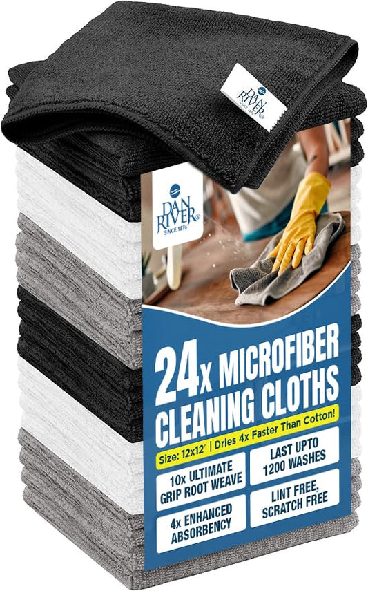 DAN RIVER 24-Pack Microfiber Towels – Ultra Absorbent, Lint-Free & Streak-Free Kitchen Rags Cleaning for Home, & Car - Must-Have Cleaning Essentials - 12" x 12" - Gray White Black - color: Gwb, size: Microfiber 24 Pack