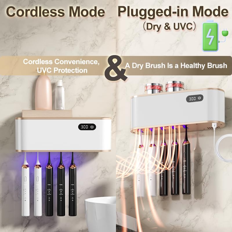 UV Toothbrush Sanitizer Holder for 4 | Wall Mounted Toothbrush Holder for Bathroom with Fan Drying | USB Rechargeable Toothbrush Cleaner & Sterilizer, No Drill Install, Modern Design (White) - color: White