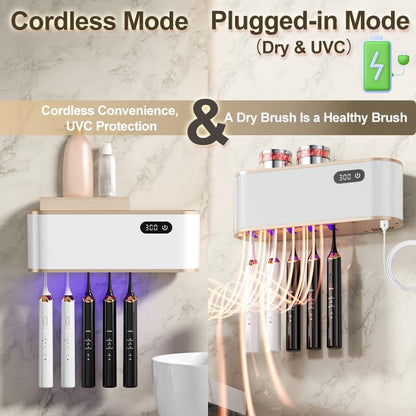 UV Toothbrush Sanitizer Holder for 4 | Wall Mounted Toothbrush Holder for Bathroom with Fan Drying | USB Rechargeable Toothbrush Cleaner & Sterilizer, No Drill Install, Modern Design (White) - color: White