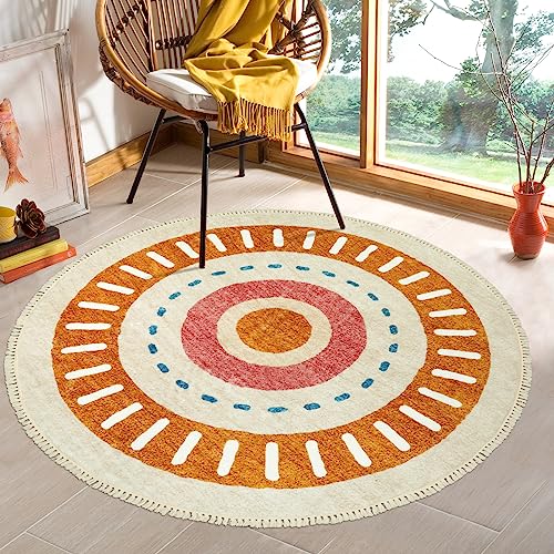 Lukinbox Boho Round Rug - 5ft Sun Washable Area Rug for Living Room, Super Soft Non-Slip Circle Bedroom Rugs, Colorful Rainbow Circular Rugs for Kids Nursery Playroom Dinning Room - size: 5'3" (Round)
