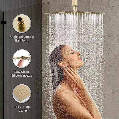 Brushed Gold Shower System with 4 PCS Shower Body Spray Jets & 12’’ Ceiling Shower Head & Handheld Spray, DASAN Full Body Shower Faucet System with Jets Rainfall Shower Combo Set, SA-SS03BBG-S12C - color: Brushed Gold
