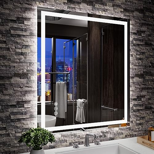 Amorho LED Mirror for Bathroom, 28"x32" with Front Light and Backlight | Stepless Dimmable, Anti-Fog, Shatter-Proof, HD Reflection, Memory, 3 Colors Lighting, UL Listed (Horizontal/Vertical). - color: Front and Backlit, size: 32"L x 28"W