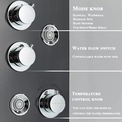FUZ Matte Black Shower Panel Tower with LED Waterfall Rain Shower Head Digital Temperature Display 4 Body 99D-LFT8011andheld Shower Wand Tub Spout Multi Function Shower System for Bathroom