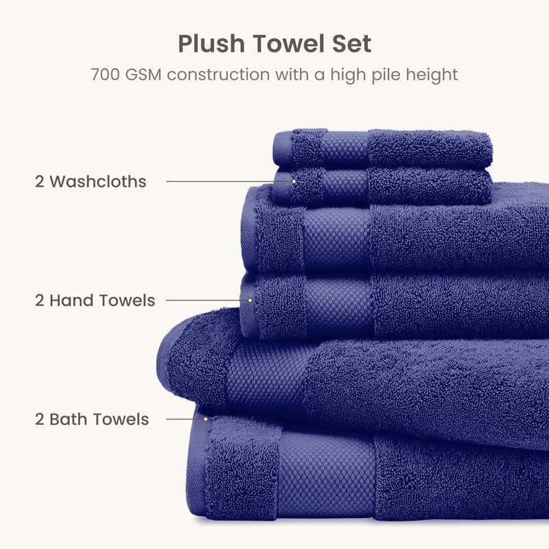 BIOWEAVES 100% Organic Cotton Bath Towel Set | 700 GSM Plush 6-Piece Premium Towel Set GOTS Certified, 2 Bath Towels, 2 Hand Towels & 2 Washcloths - Navy Blue - color: Navy Blue, size: 6 Pc Towel Set