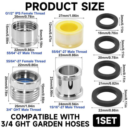 3-Piece Faucet to Garden Hose Adapter Kit, Solid Brass Sink Faucet Connector with Aerator for Kitchen & Bathroom, Fits G1/2", 55/64", 15/16" Faucets to 3/4" GHT Hose, Includes Washers & Tape
