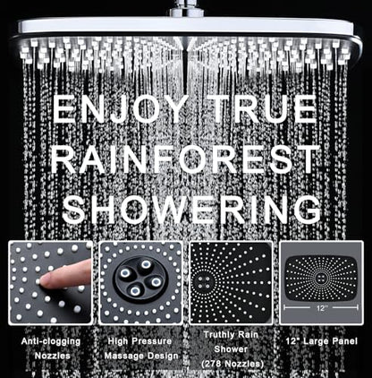 12" High Pressue Rain Shower Head with Handheld, 9 Sprays Hand Showerhead | Shower Heads with Handheld Spray Combo, Dual Head, Built-in Magnetic Docking, Power Jets, 59" Shower Hose, Chrome 1.75GPM - color: Chrome