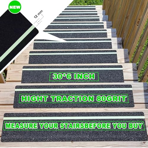 Anti Slip Tape for Wooden Steps, Glow in the Dark Stair Treads 10 Pack 30 x 6 Inch, 80 Grit Stair Grips Non Slip, Step Grips for Stairs Indoor & Outdoor for Home Safety