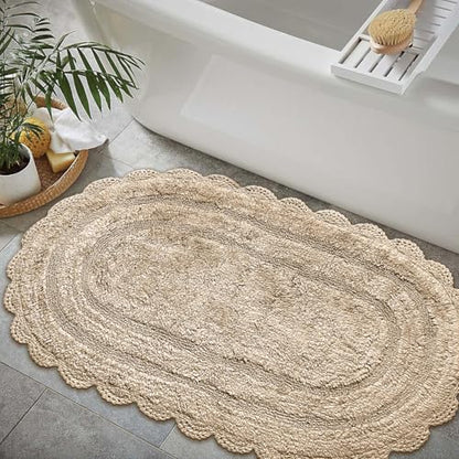 Beige Crochet Bathrug, 100% Cotton, 24x40 Inch | Oval Bathmat, artisanally Handcrafted Crochet Border, Large Rug, Master bathrooms, bathtubs, Bedside, Nursery - color: Beige, size: 2' x 3'4" (Oval)