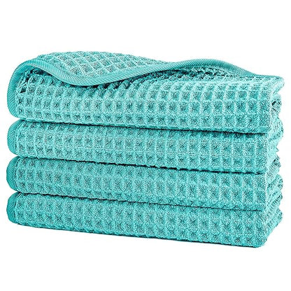POLYTE 430 GSM Microfiber Lint Free Washcloth Face Towel, 13 x 13 in, 4 Pack (Waffle Weave) - color: Aqua