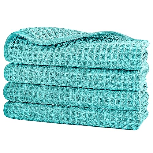POLYTE 430 GSM Microfiber Lint Free Washcloth Face Towel, 13 x 13 in, 4 Pack (Waffle Weave) - color: Aqua