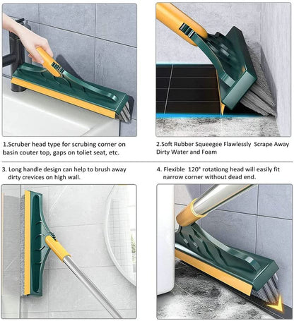 2 in 1 Cleaning Scrub Brush Grout Brush Scrape Floor Scrub Brush with Long Handle V-Shape Stiff Bristle Brush Scrubber with Squeegee 120°Rotating Shower Scruber for Cleaning Bathroom Glass Wall - color: Yellow