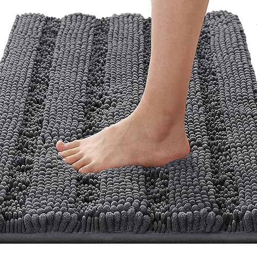 H.VERSAILTEX Bathroom Rugs Bath Rugs Non Slip Bath Mats Extra Thick Chenille Striped Rug 17" x 24" Absorbent Soft Shaggy Washable Dry Fast Bath Mats for Bathroom Floor - Grey - color: Grey, size: 17" x 24"