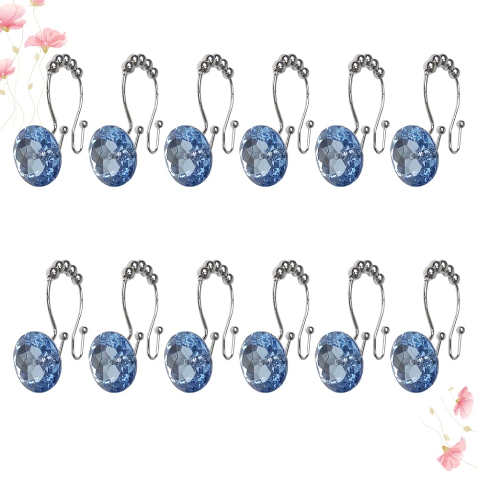 MAGICLULU Glide Double Hooks Shower Curtain Rings with Blue Rhinestone Decorative Crystal for Bathroom Secure Hold for Curtain and Liner Easy Swap Design