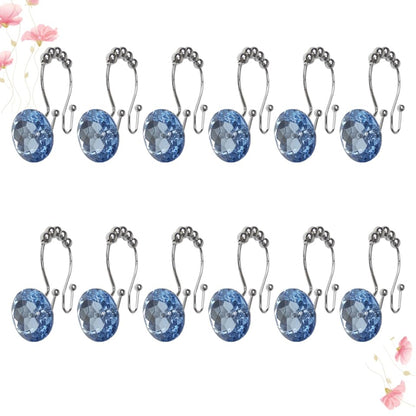 MAGICLULU Glide Double Hooks Shower Curtain Rings with Blue Rhinestone Decorative Crystal for Bathroom Secure Hold for Curtain and Liner Easy Swap Design