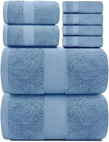 White Classic Luxury Bath Towel Set of 8 Pieces - 100% Turkish Cotton Highly Absorbent Towels for Bathroom, 2 Luxury Bath Towels 700GSM, 2 Hand Towels, 4 Washcloths, Light Blue - color: 14: Light Blue