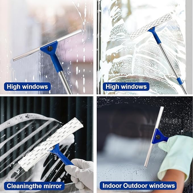 59" Long Reach Window Squeegee with 14" Double-Layer Rubber Blade & 2 Replacement Cloths - Stainless Steel Handle for High Windows, Car Glass & Mirrors