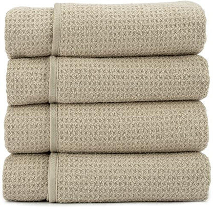 S&T INC. Bath Towels, Premium Waffle Towels for Bathroom, Extra Large, Absorbent Microfiber for Home, Yoga, and Gym, Honeycomb Weave, 30 Inches x 60 Inches, 420gsm, 4 Pack, Beige