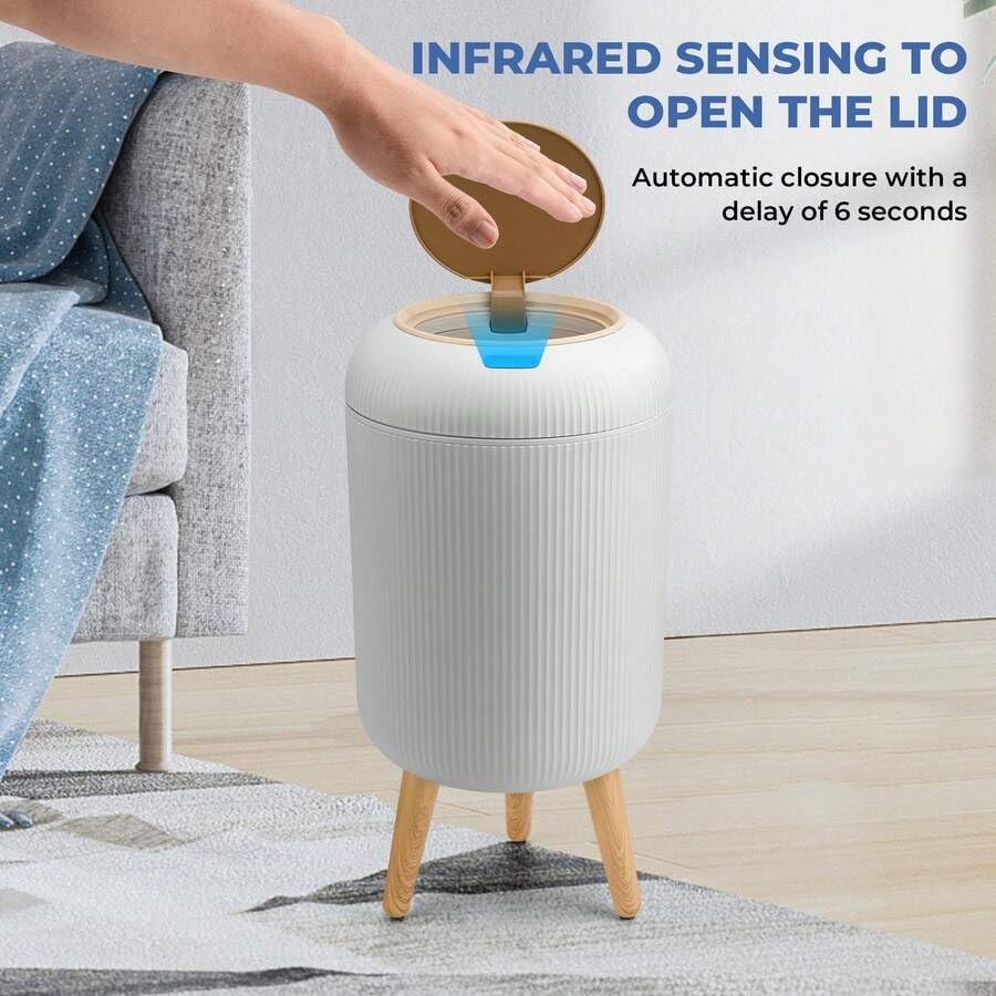 Smart Sensor Trash Can Hands-Free Auto Open Lid Odor Seal | Infrared Motion Sensor, Waterproof Plastic, 6-Second Auto Close, Versatile Indoor Use, Wooden Legs Design