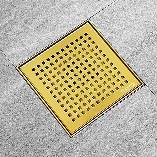Neodrain 6" Brushed Gold Square Shower Drain with Quadrato Pattern Grate | 304 Stainless Steel, Floor Drain with PVC Shower Drain Base and Rubber Gasket for Bathroom,Includes Hair Strainer - color: Golden, size: 6 In