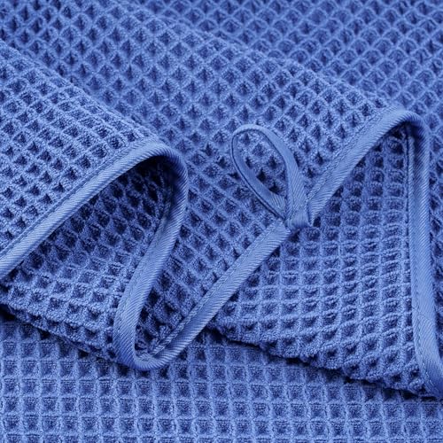POLYTE 430 GSM Poly Blend Microfiber Quick Dry Waffle Bath Towel Set of 6 | 2-Body Towels, 2-Hand Towels, 2-Wash cloths, Oversize, Lint Free - color: Royal Blue