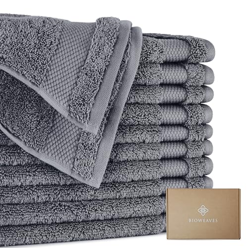 BIOWEAVES 100% Organic Cotton 700 GSM Plush Washcloths 13" x 13" GOTS Certified - Charcoal, Pack of 12 - color: Charcoal, size: Pack of 12 Washcloths