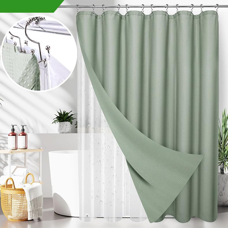 25 PCS Green Bathroom Accessories Set丨Shower Curtain Bathroom Accessory | All-in-One Kit with Shower Curtain,rug,Trash Can,Toothbrush Holder,Toilet BrushSoap Dispenser,Toothbrush Cup,etc for Home - color: Lightgreen