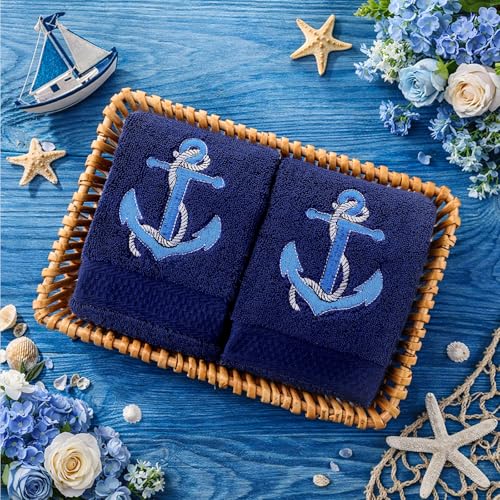 SmoothNovelty 2 Pcs Nautical Anchor Hand Towels Navy Blue Bathroom Decor 14x29 Inch Embroidered 100% Cotton Soft Absorbent Spring Summer Decorative Hand Towels for Bathroom Kitchen - style: Nautical Anchor