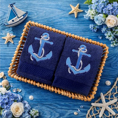 SmoothNovelty 2 Pcs Nautical Anchor Hand Towels Navy Blue Bathroom Decor 14x29 Inch Embroidered 100% Cotton Soft Absorbent Spring Summer Decorative Hand Towels for Bathroom Kitchen - style: Nautical Anchor
